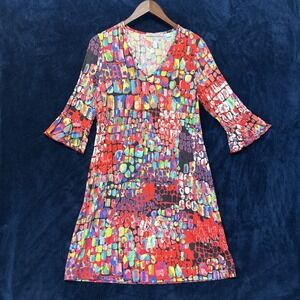 Snoskins Womens Print Dress Size M Red Made In Usa Artsy Viscose Campy